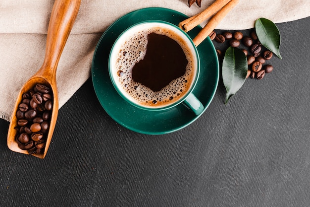 Top view cup of fresh coffee on the table