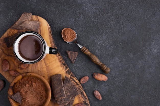 Top view cup with hot chocolate and copy-space