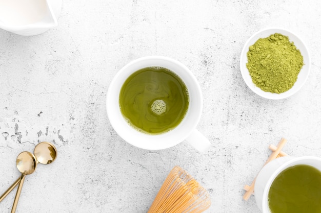 Top view cup with tasty matcha tea