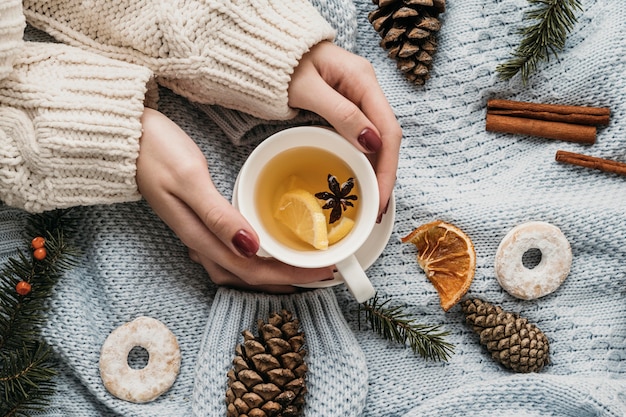 Top view cup with tea and star anise