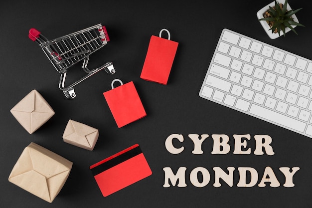 Free Photo top view cyber monday sale elements on dark background