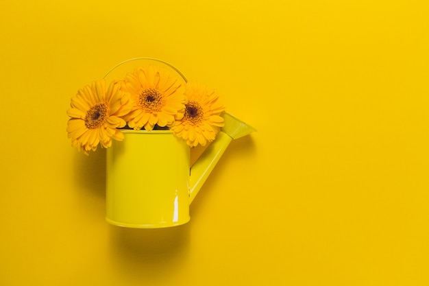 Free photo top view of decorative watering can with flowers