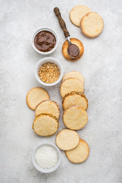 Top view of delicious alfajores arrangement