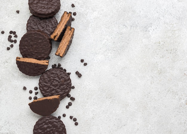 Top view of delicious alfajores with copy space