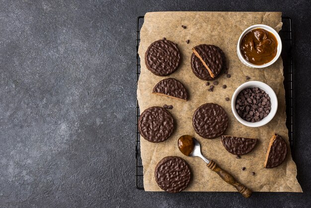 Top view of delicious alfajores with copy space