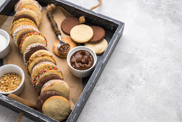 Top view of delicious alfajores with copy space