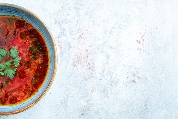 Free photo top view delicious borsch famous ukranian beet soup with meat inside plate on the white space