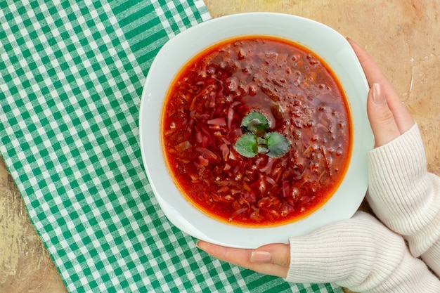 Top view delicious borsch red ukrainian beet soup