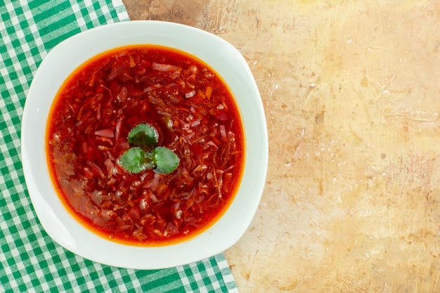 Top view delicious borsch red ukrainian beet soup