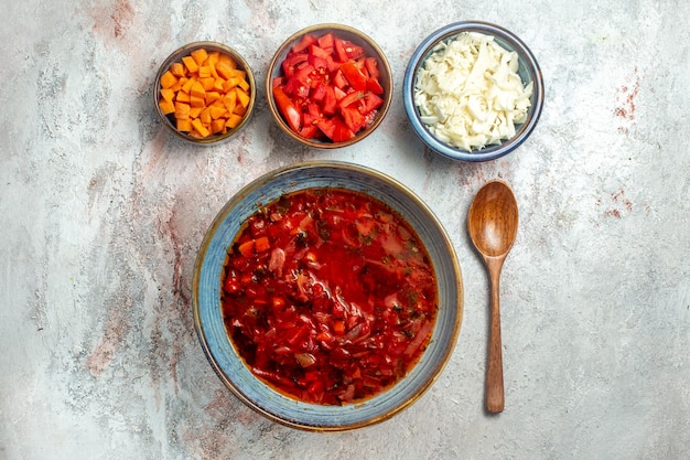 Free Photo top view delicious borsch ukranian beet soup on white space