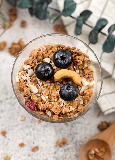 Top view delicious breakfast bowl with granola