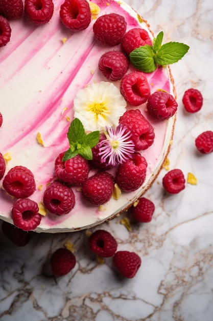 Top view delicious cake with raspberries