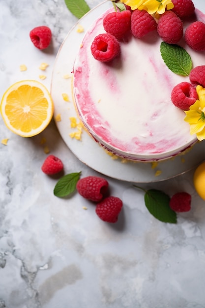 Top view delicious cake with raspberries