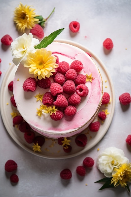 Top view delicious cake with raspberries