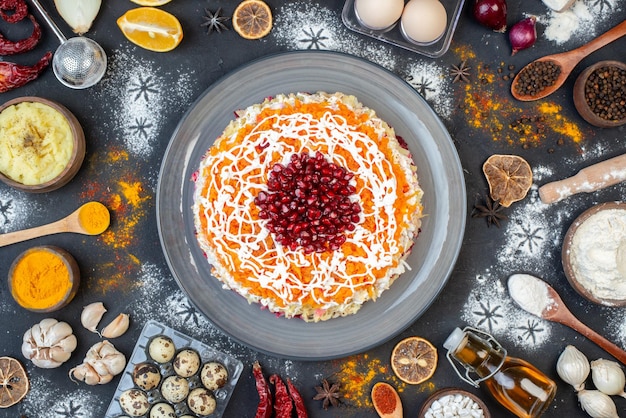 Top view delicious chicken salad with pomegranates and different ingredients on dark background color photo salad snack lunch holiday new year