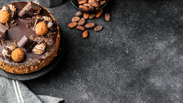 Top view of delicious chocolate cake on stand with copy space