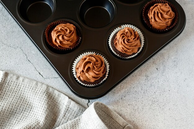 Top view of delicious chocolate cupcakes