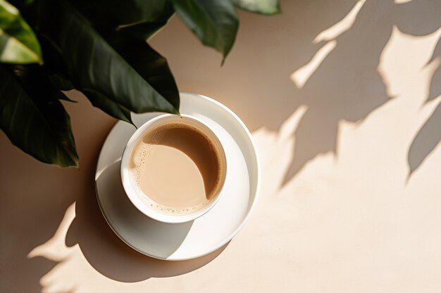 Top view delicious coffee cup with plants