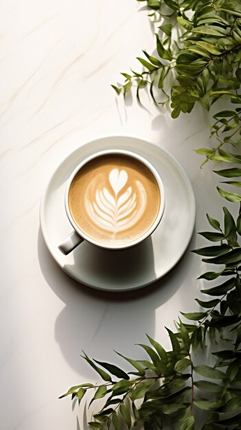 Top view delicious coffee cup with plants