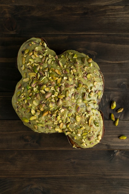 Top view delicious colomba with pistachio