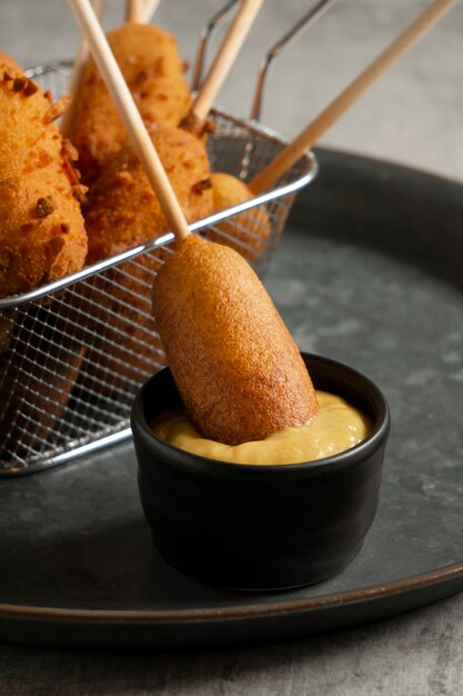 Top view on delicious corn dog