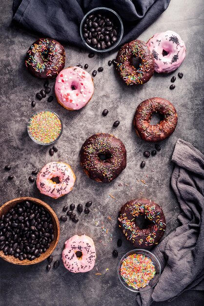 Top view of delicious donuts concept