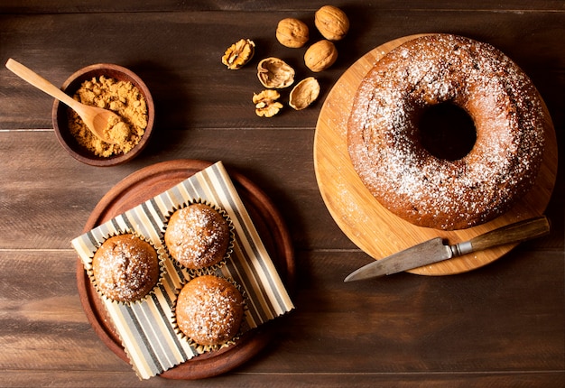 Top view delicious doughnuts with nuts