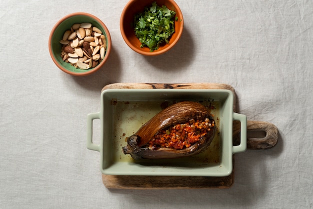 Free photo top view delicious eggplants dish still life