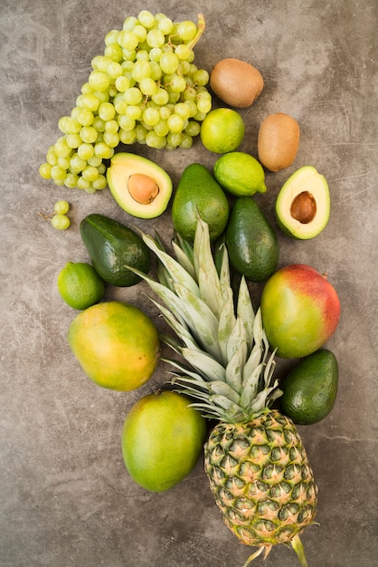 Top view delicious exotic fruits on the table