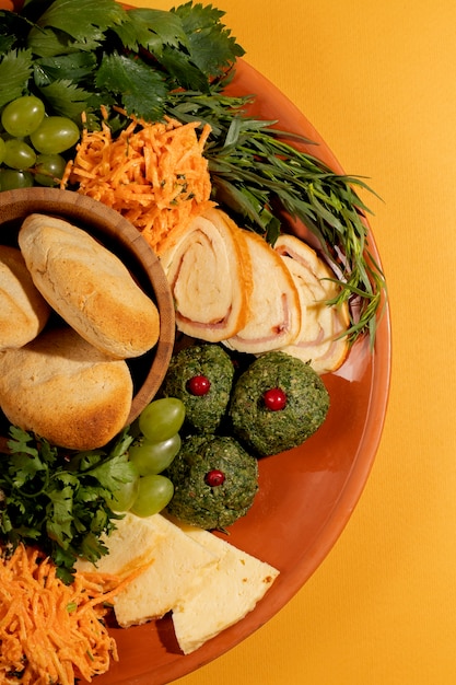 Top view delicious food on table still life