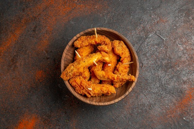 Top view of delicious fried chicken in bowl