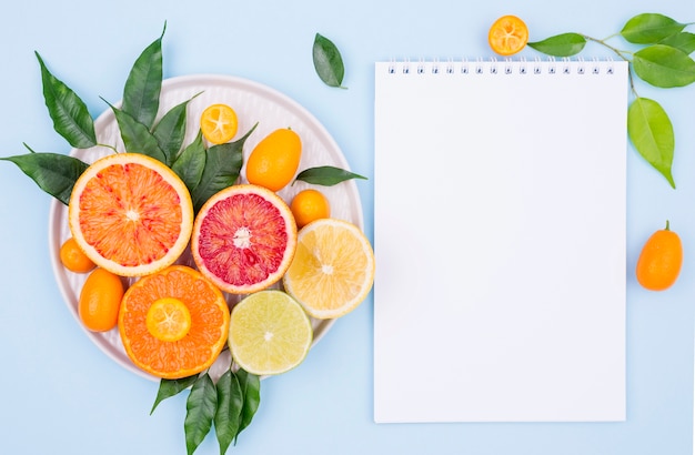 Top view delicious fruits with notebook