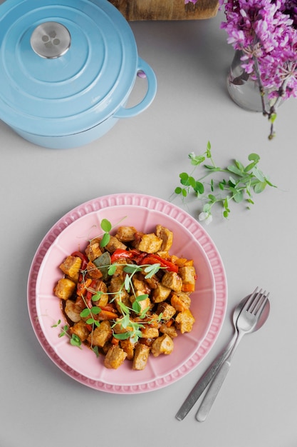 Top view delicious goulash with herbs