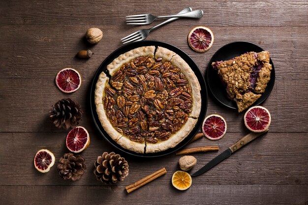 Top view delicious homemade pecan pie