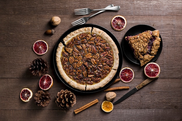 Top view delicious homemade pecan pie