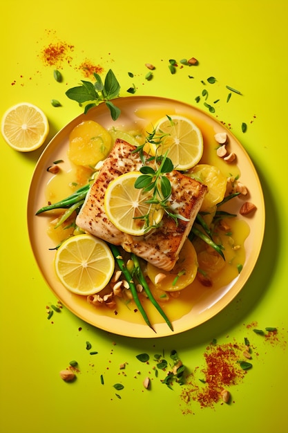 Free photo top view delicious mahi mahi fish with lemon