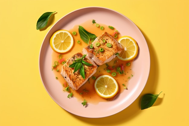 Free photo top view delicious mahi mahi fish with lemon