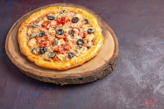 Top view delicious mushroom pizza cooked dough with cheese and olives on dark surface meal food pizza italian dough