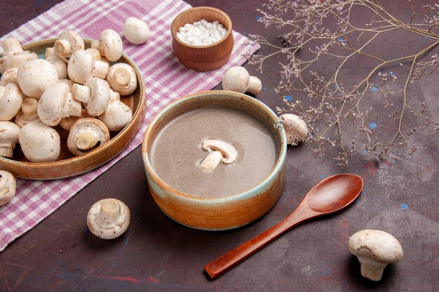 Top view delicious mushroom soup with fresh mushrooms on a dark space