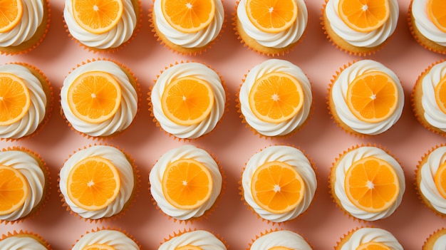 Free photo top view on delicious orange cupcakes