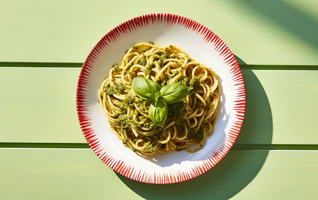 Top view delicious pesto pasta on plate