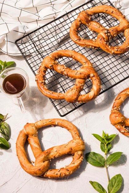 Top view delicious pretzels on the table