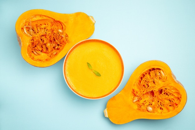 Top view of delicious pumpkin soup in a bowl