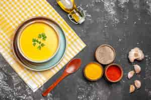 Free photo top view of delicious pumpkin soup in a bowl