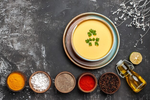 Free photo top view of delicious pumpkin soup in a bowl