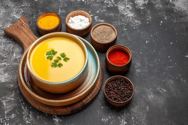 Top view of delicious pumpkin soup in a bowl