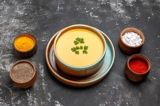 Top view of delicious pumpkin soup in a bowl