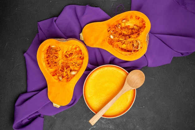 Free photo top view of delicious pumpkin soup in a bowl