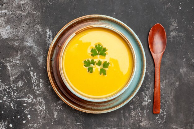 Top view of delicious pumpkin soup in a bowl