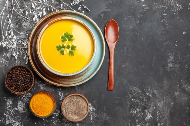 Top view of delicious pumpkin soup in a bowl